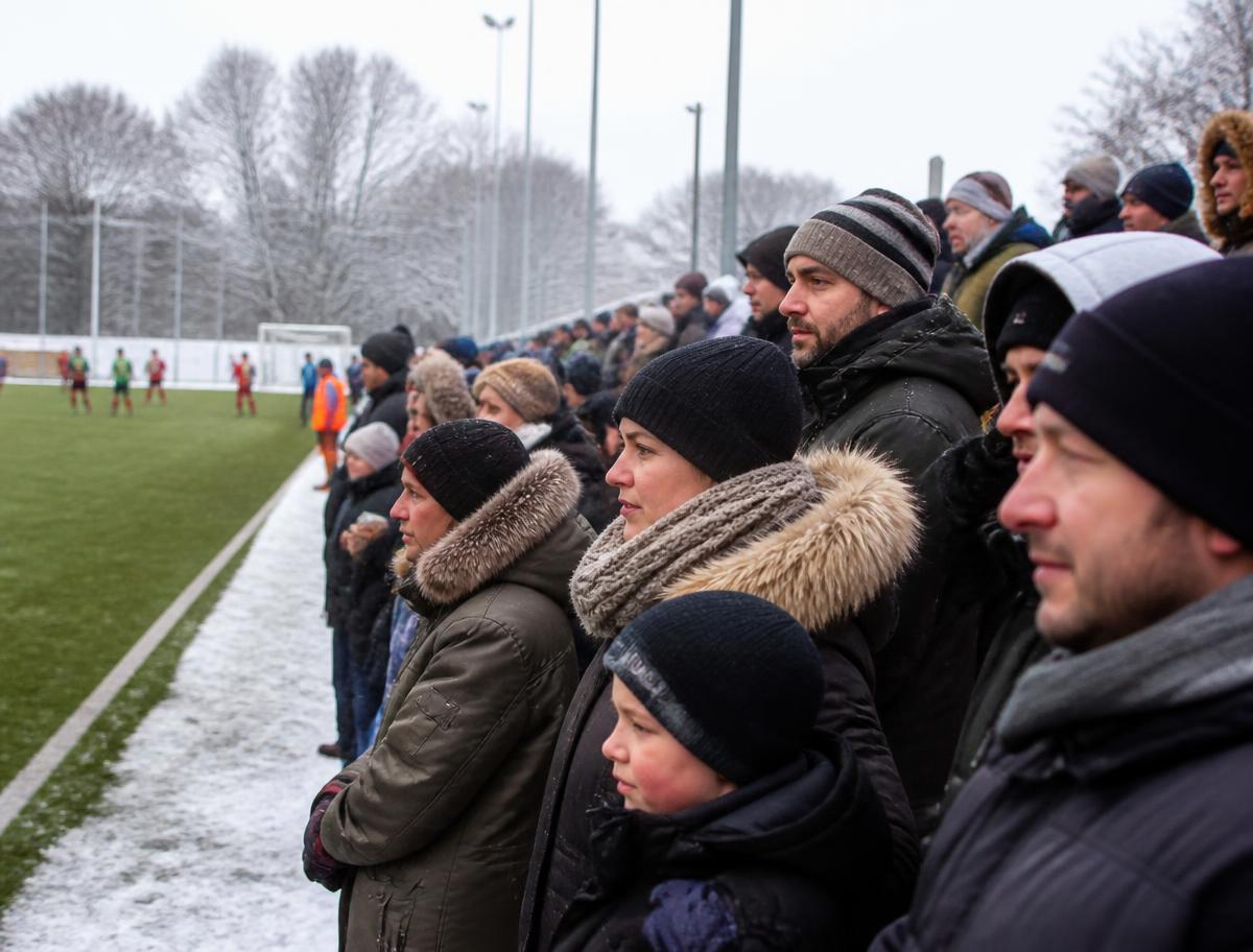 Diváci sledující zimní zápas u hřiště